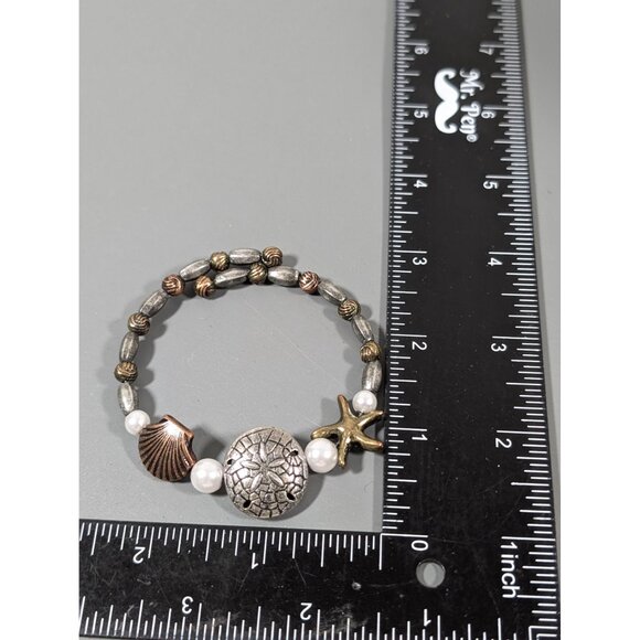 Mixed Metal Beachy Bracelet Sand Dollar Starfish Shell Flex Wire 7" Boho - Picture 8 of 8